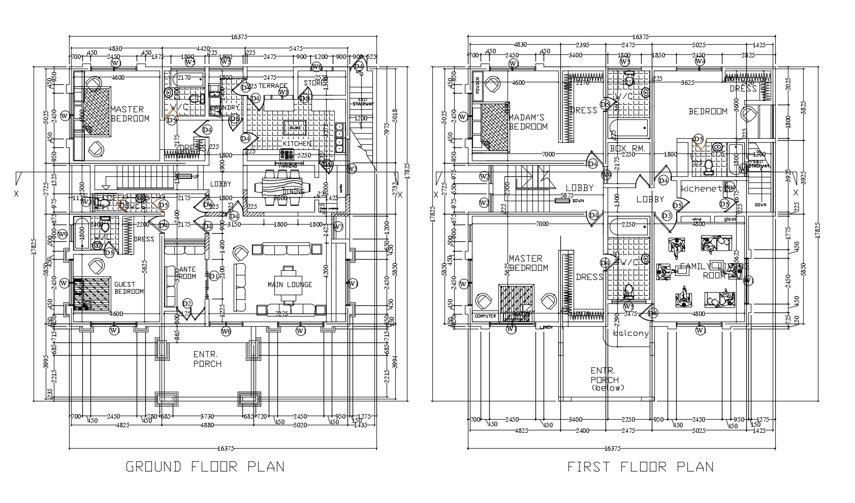 Floor plan of house with 16.375mtr x 17.825mtr with detail dimension in ...