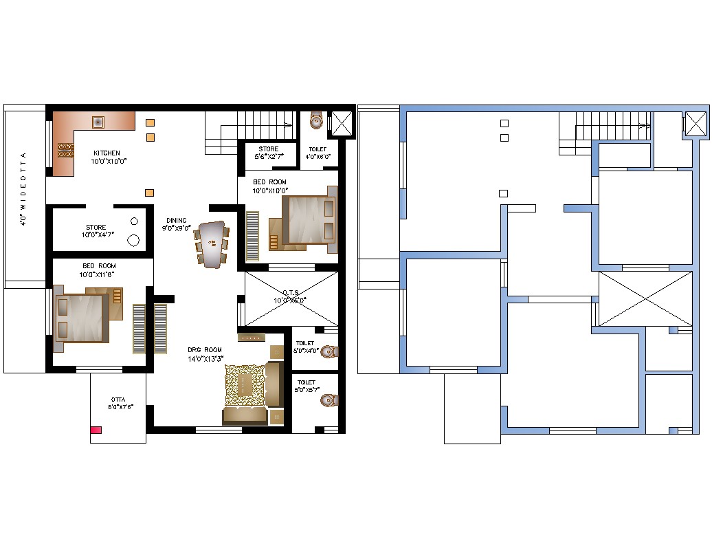 Floor plan  of the house  with furniture  details in AutoCAD  