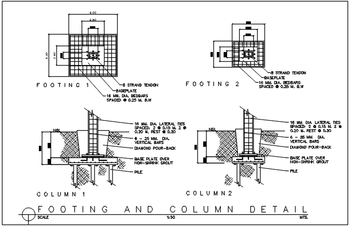 Footing and column plan and section plan detail dwg file - Cadbull