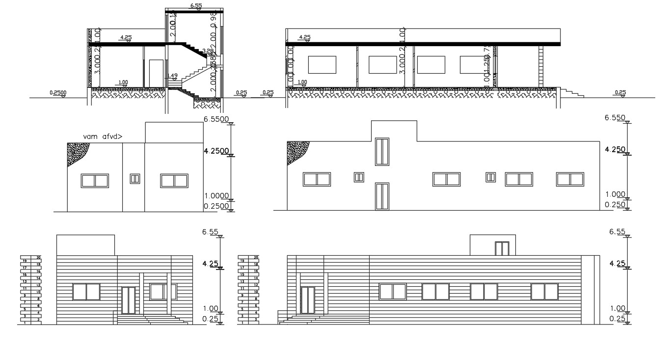 Four Side Elevations And Sections Of Residential Building - Cadbull