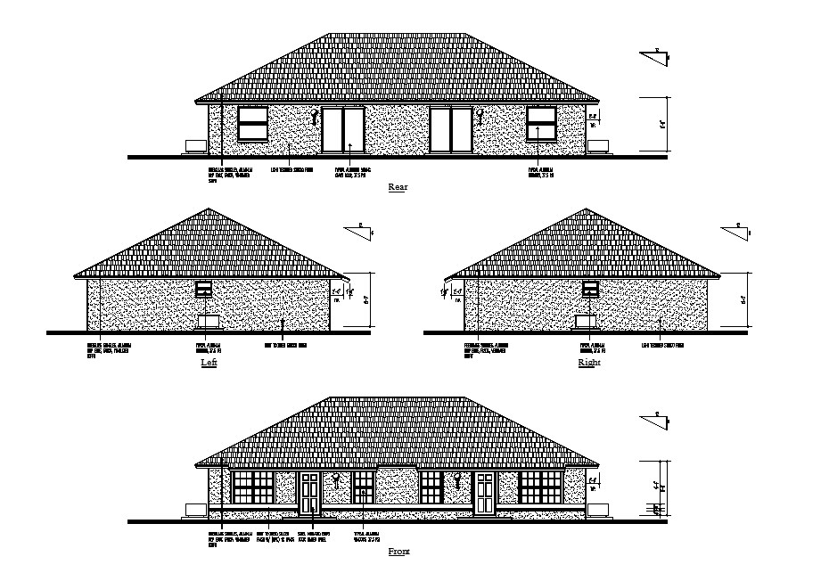 Front Left Right And Rear Side Elevation Details Of Single Story House Dwg File Cadbull