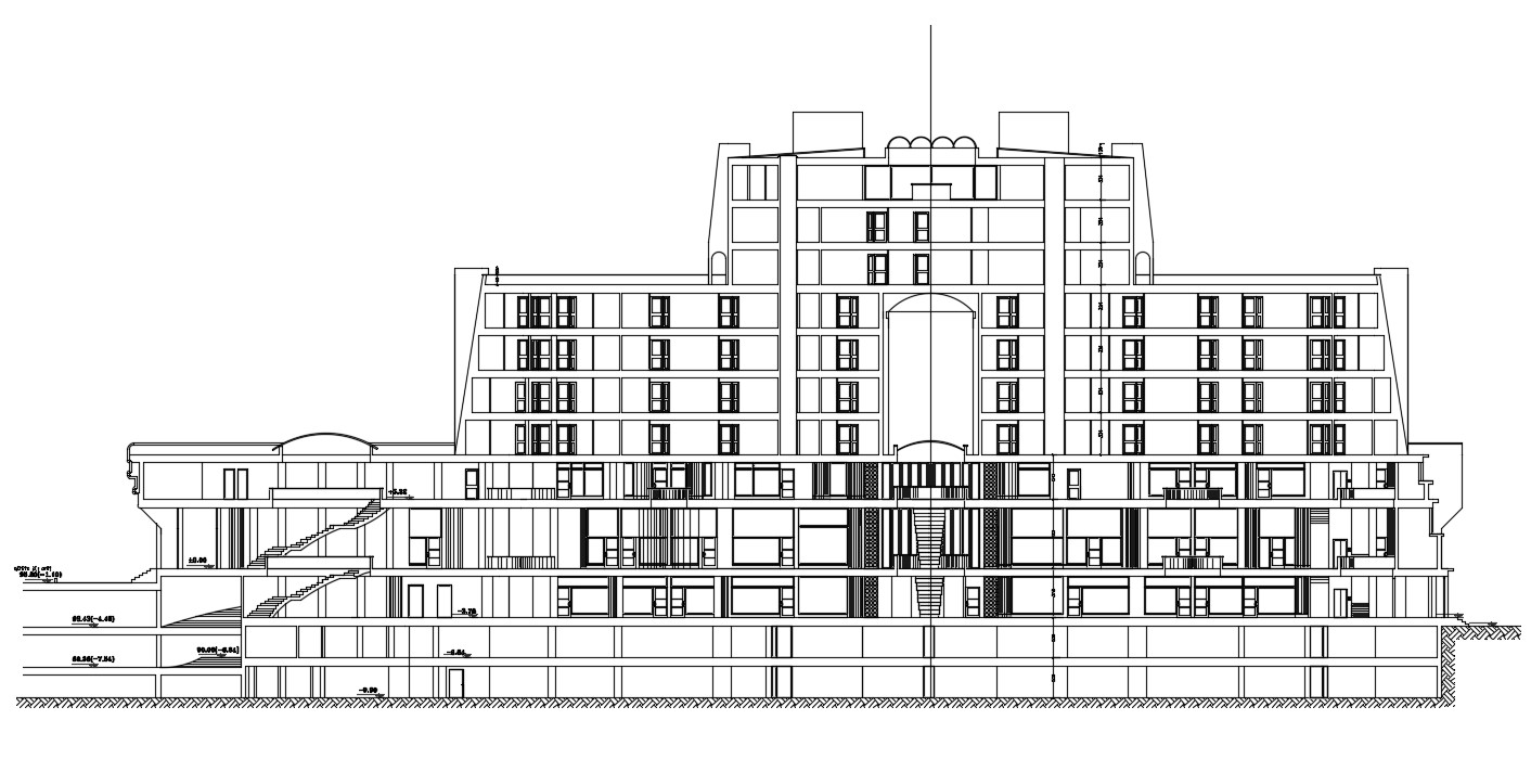 Front Elevation For Commercial Building Dwg.