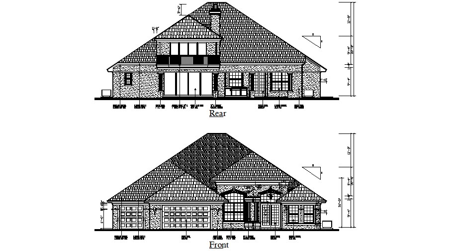 Front and rear elevation of simple roof house autocad