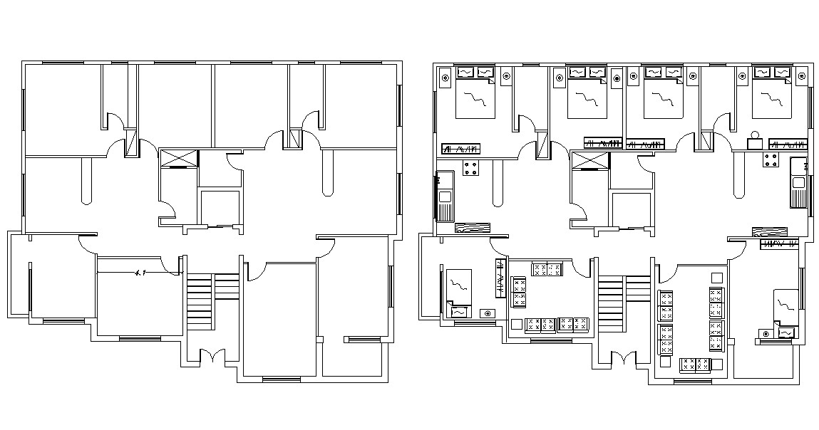 Fully Furnished Floor Plans Of 3BHK Apartment DWG Drawing