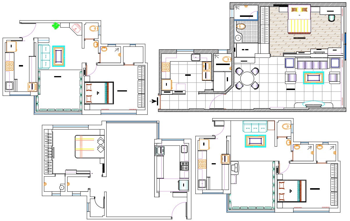 Furnished 1 BHK Residential House Plan CAD drawing ...