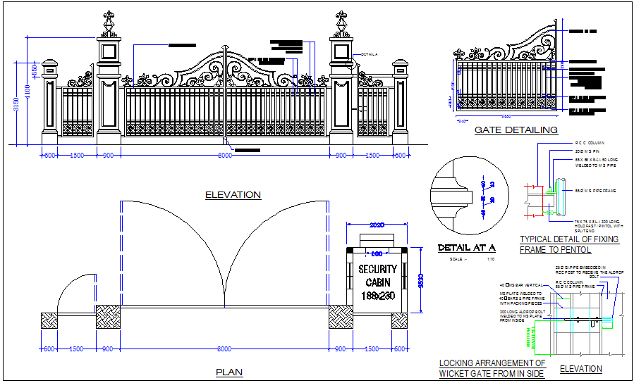 Gate Design View With Elevation And Plan View With Detailing Dwg File