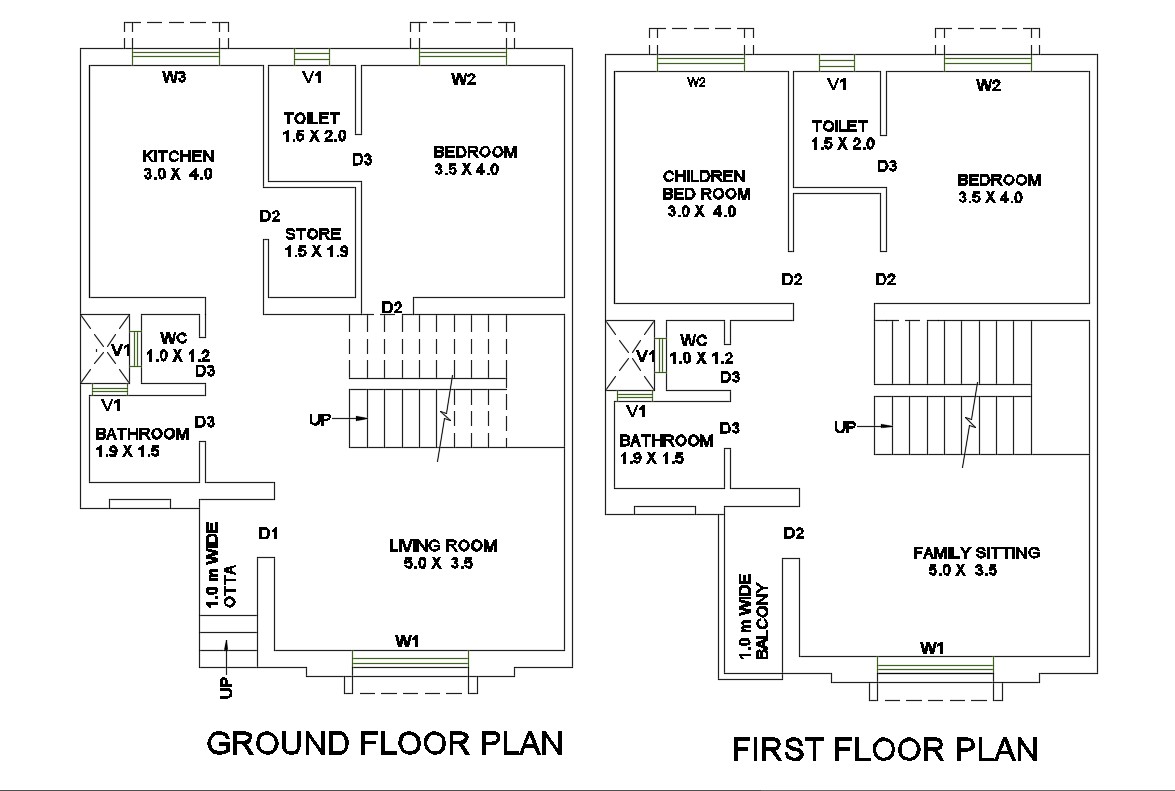 Ground and first floor plan details of one family house