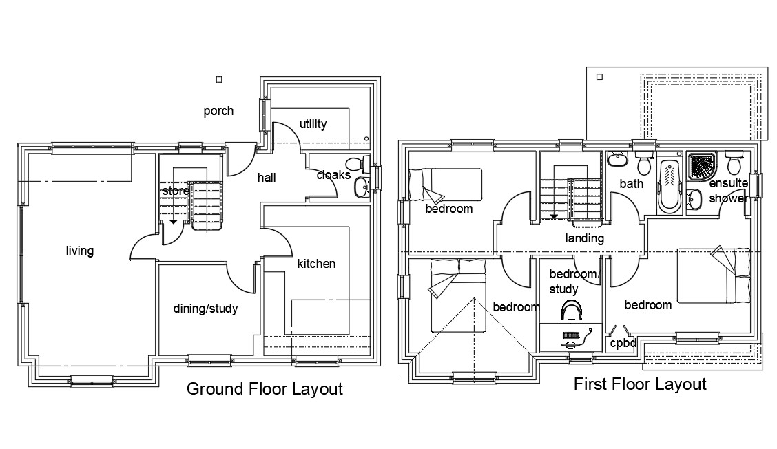 Ground Floor And First Floor House Sample Plan AutoCAD