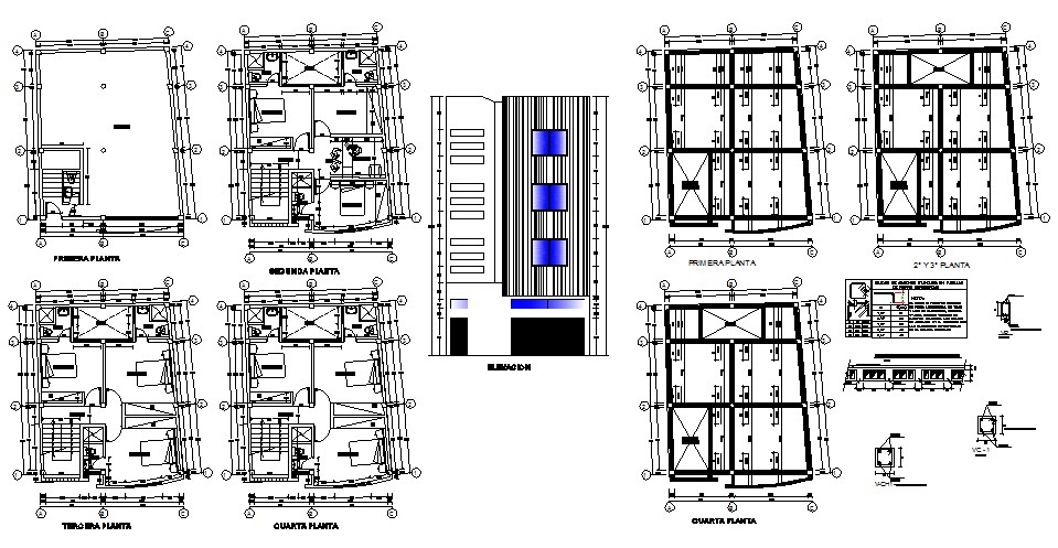 Hostel building multi-level main elevation and floor plan details dwg ...