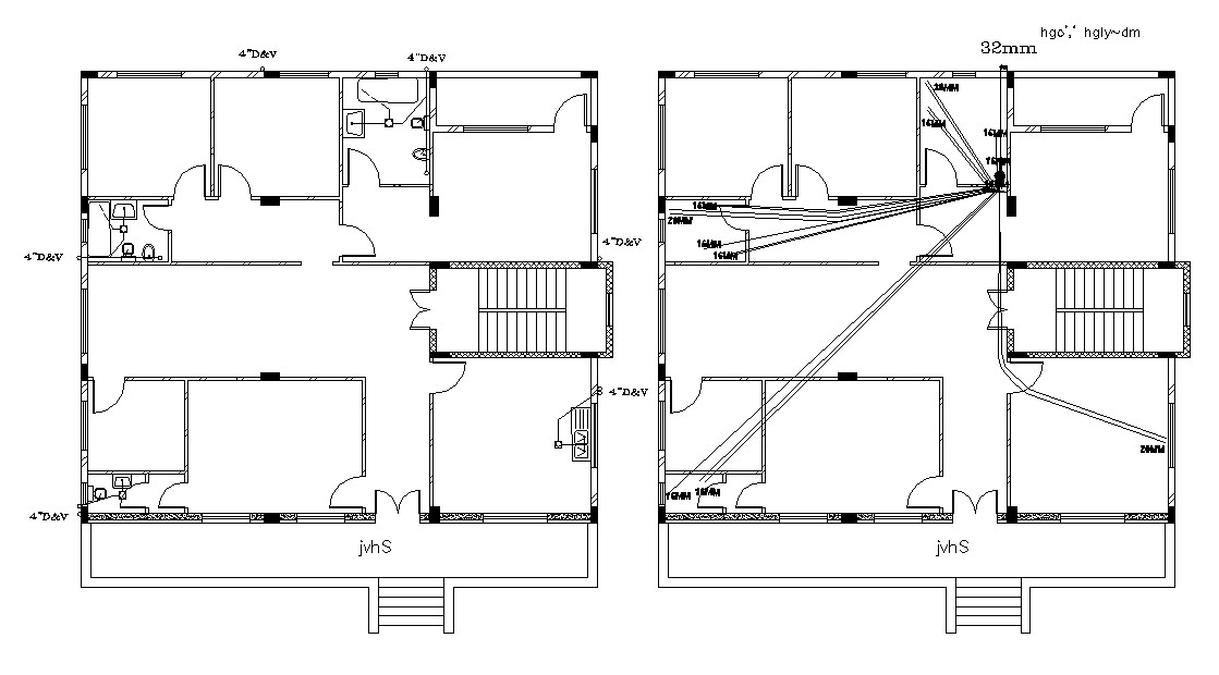 House Plumbing And Drainage Line Layout Plan Drawing Cadbull