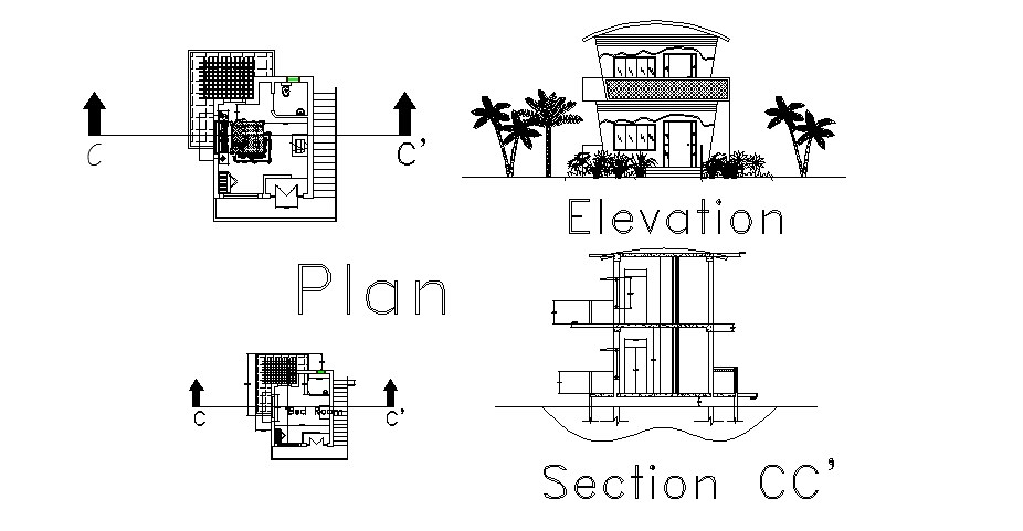 House bedroom elevation section and plan cad drawing 