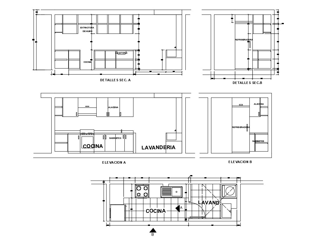 House kitchen elevation section and plan cad drawing 