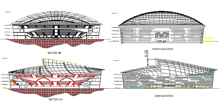 Indoor Sports Stadium Elevation And Section Details Dwg File Cadbull