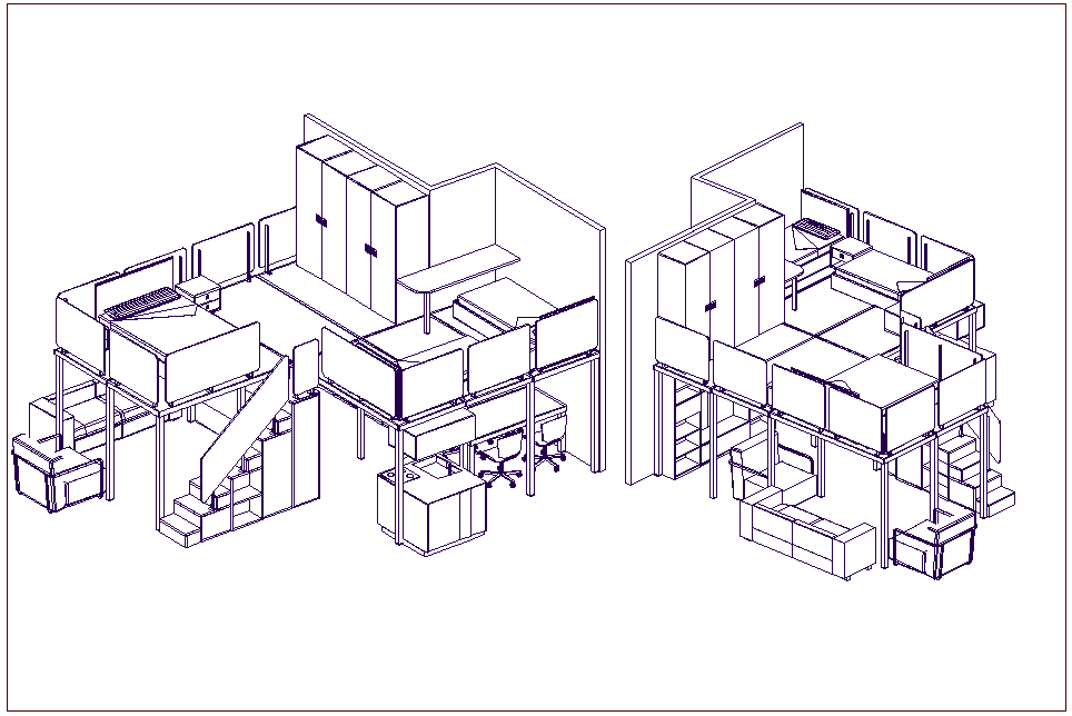 Isometric View Of Single And Double Bed With Stair Ward Robe Sofa