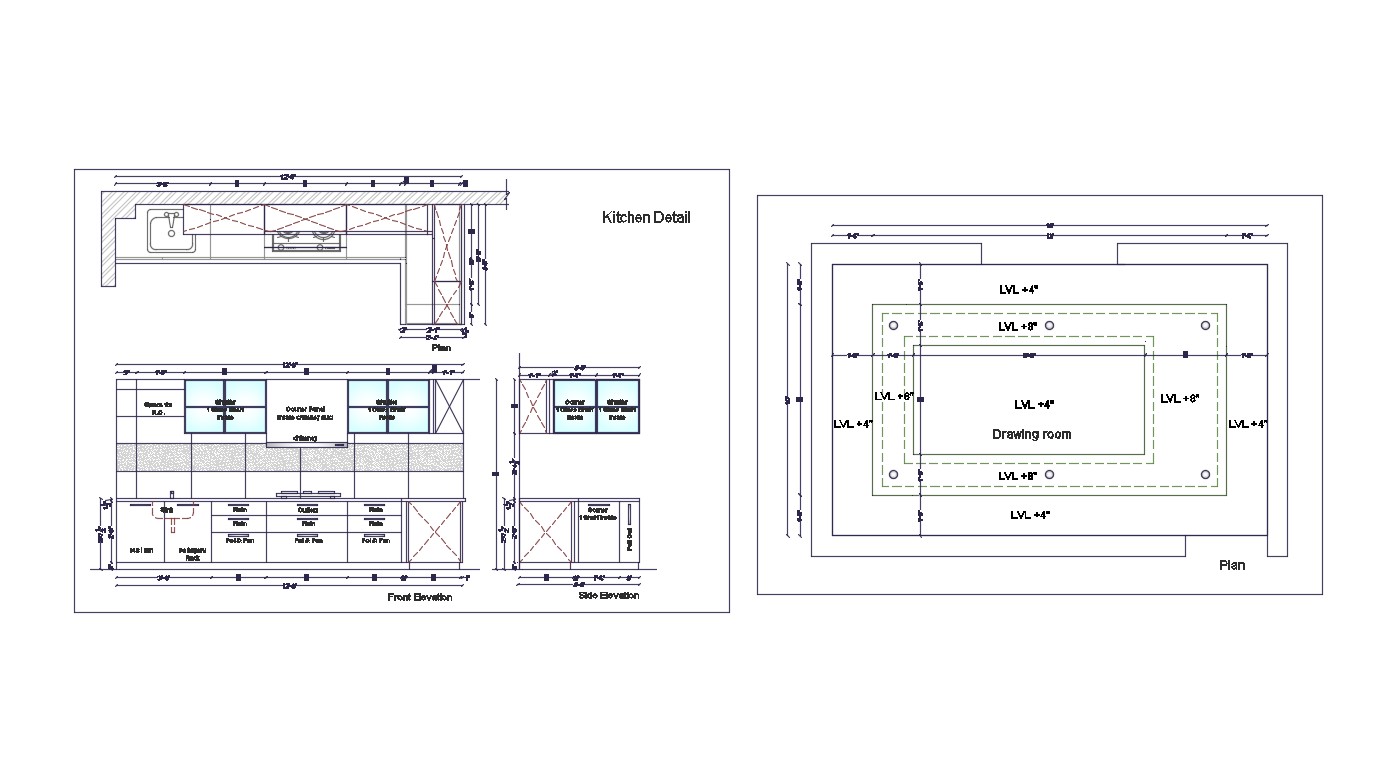 Kitchen Design With Drawing Room Ceiling Layout Plan Cadbull