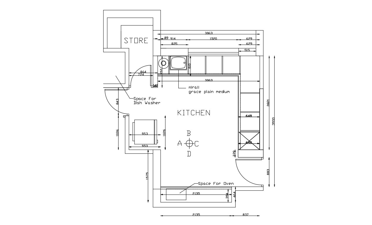 Kitchen Plan with Dimensions - Cadbull