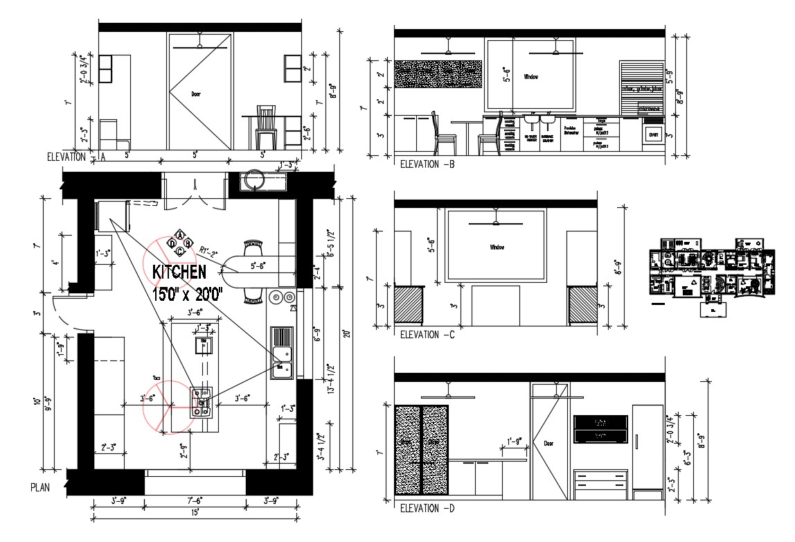 Kitchen elevation, section, plan and interior details dwg file - Cadbull