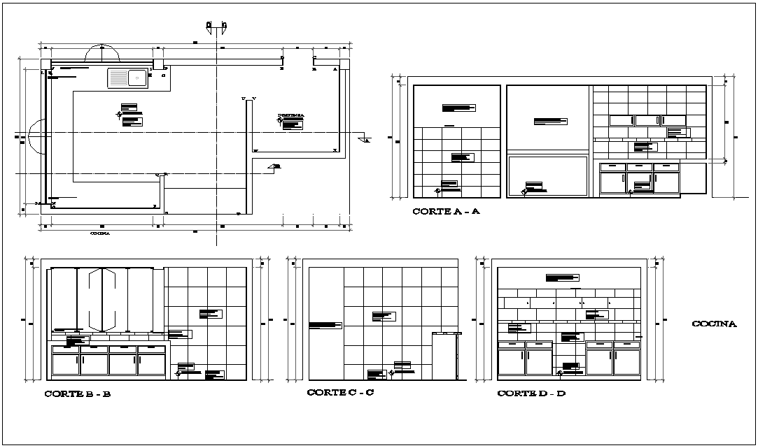 Kitchen plan with different axis section view for admin 