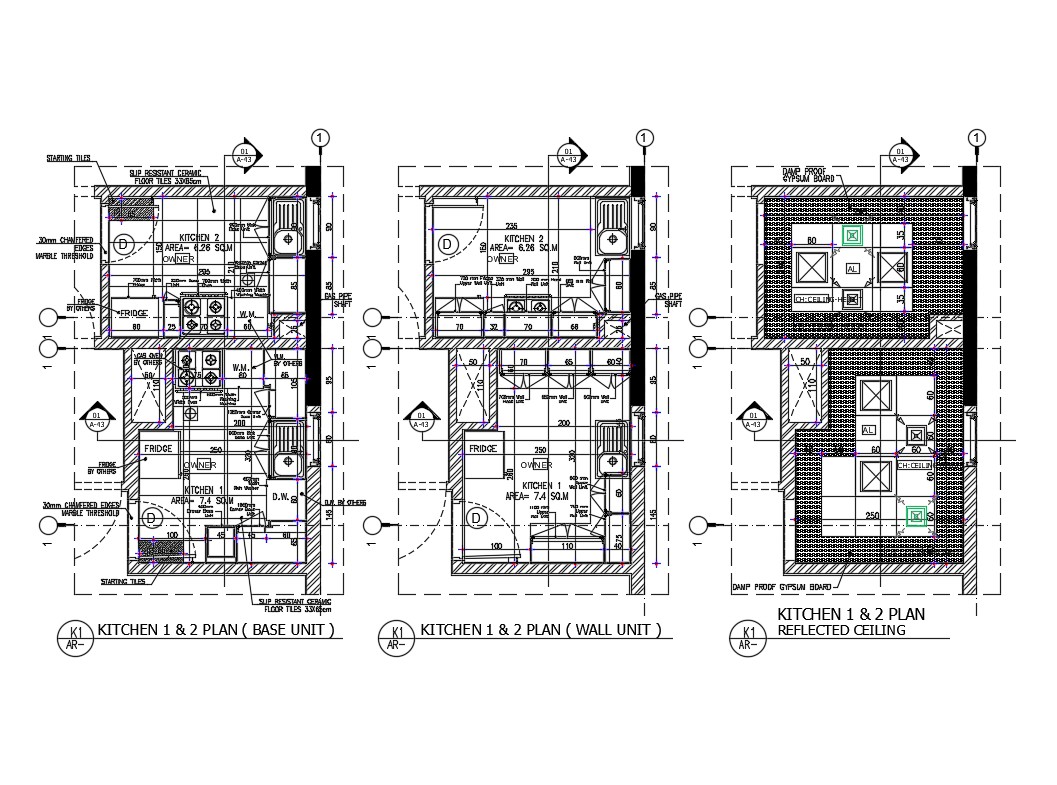 Kitchen Section And Plan Details With Wall Unit And