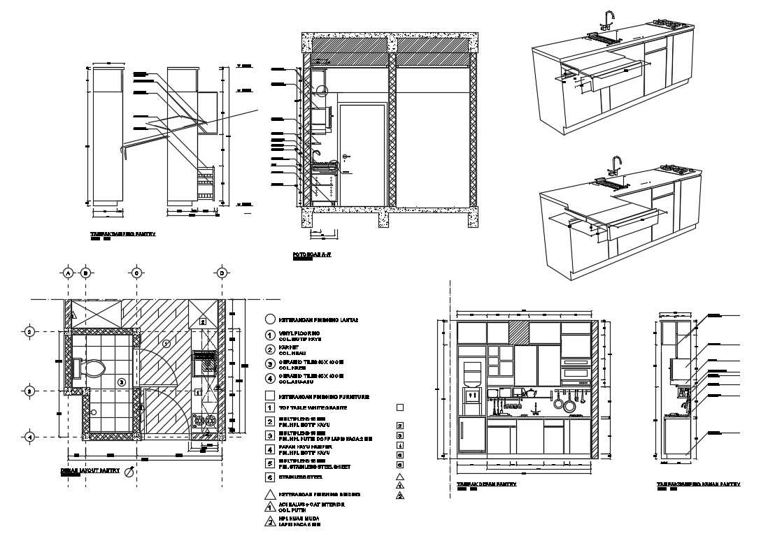 Kitchen Section And Plan With Isometric View And Furniture And