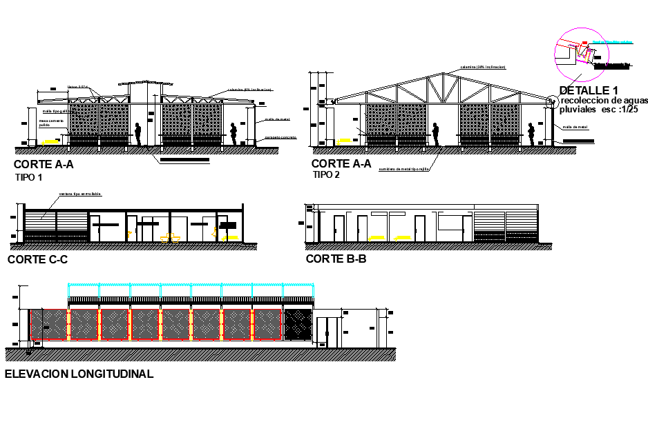 Market elevation and section dwg file - Cadbull