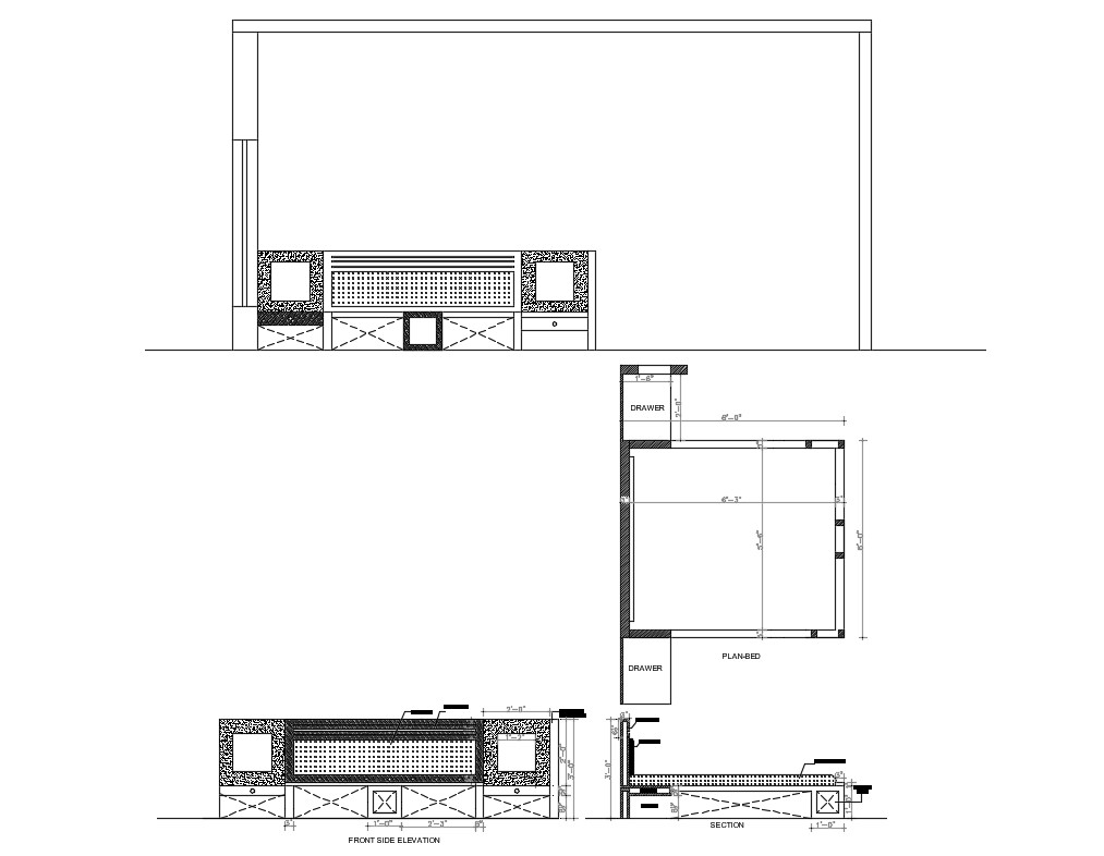 Master bed elevation and section drawing details dwg file 