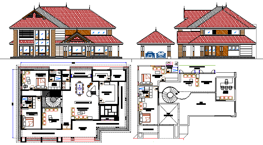 Modern bungalow elevation and layout plan details dwg file