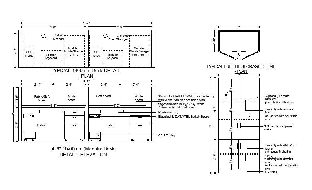 Modular desk computer elevation, plan and auto-cad details dwg file ...