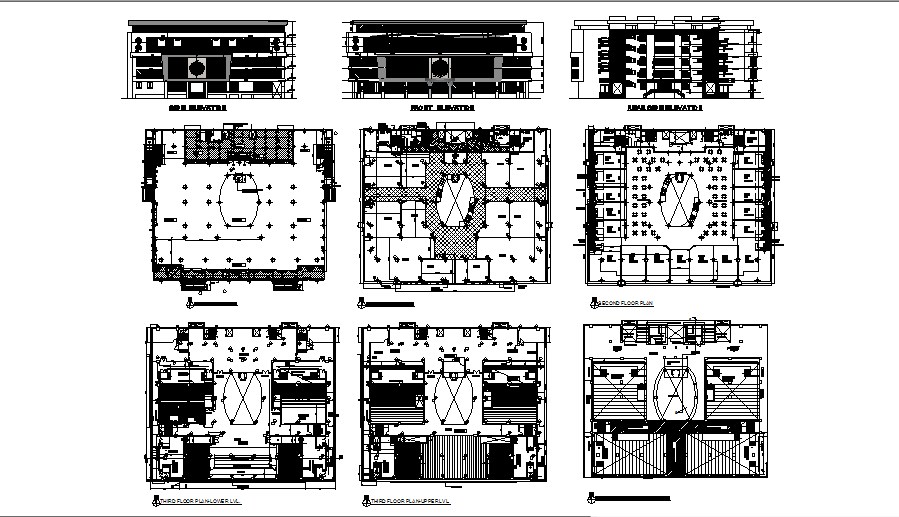 Multi-level shopping mall elevation, section and floor plan details dwg ...