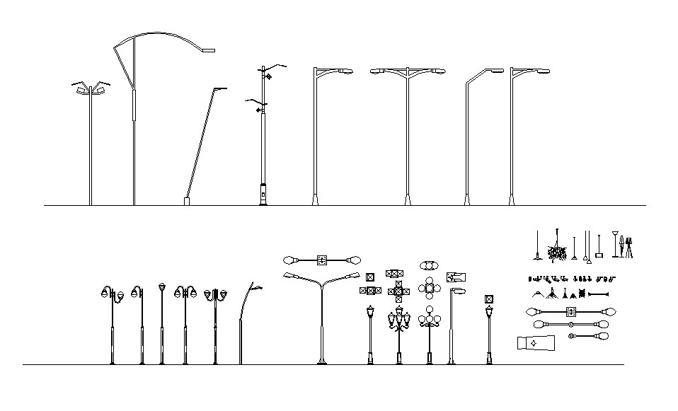 Multiple street light poles and light lamps blocks cad drawing details