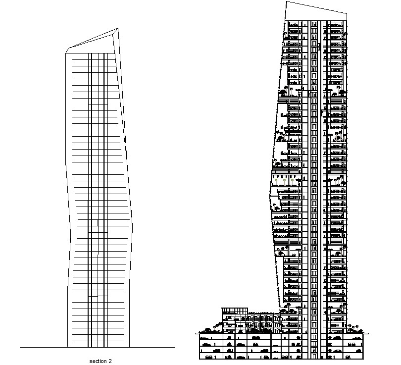 Multi-story high rise building elevation and section details AutoCAD ...