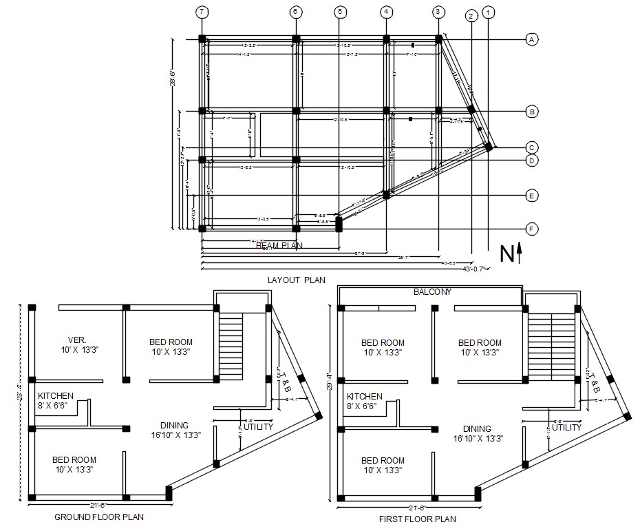 North Facing House Plan With Center line Column Layout Plan AutoCAD ...