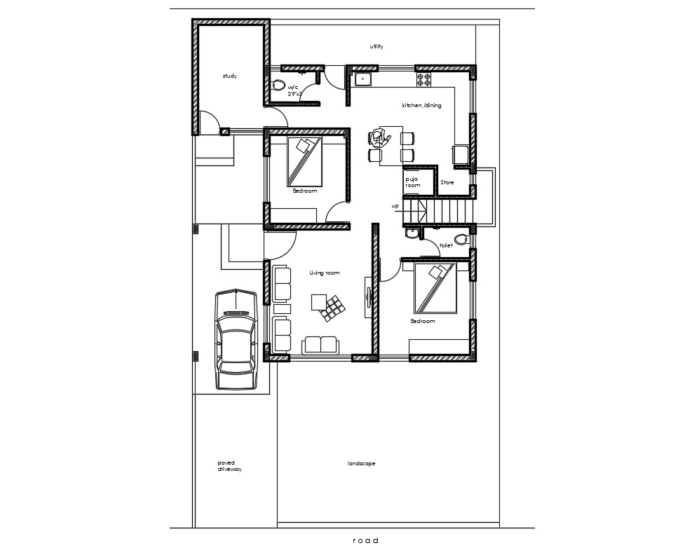 One Family Two Bedroom House Layout Plan Cad Drawing Details