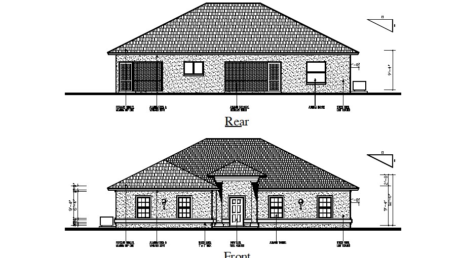 One story simple house front and rear elevation 2d cad drawing - Cadbull