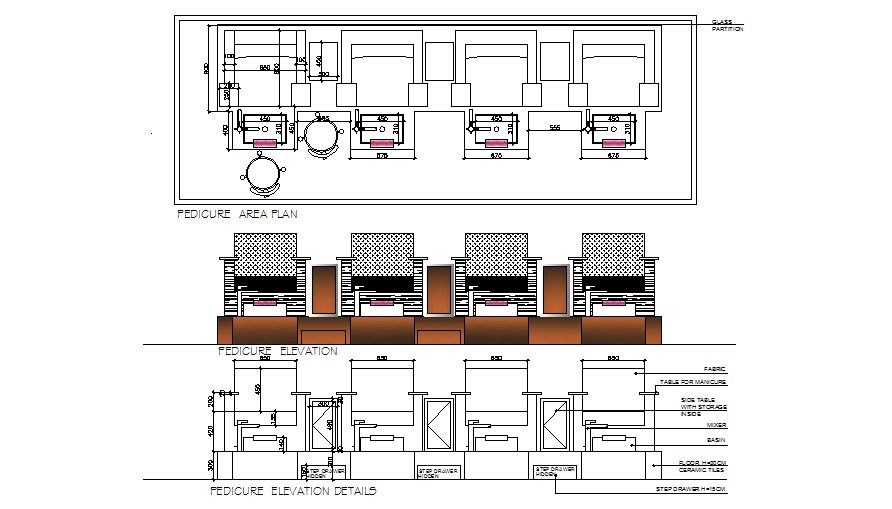 Pedicure area of salon cad drawing details dwg file - Cadbull