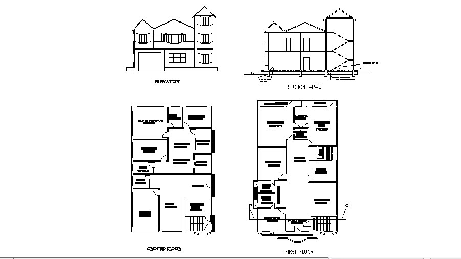  Plan  of the house  with elevation  and section in dwg  file  