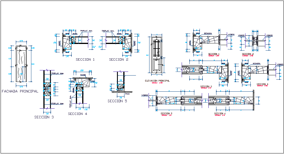 Plan of wooden door with sectional view - Cadbull