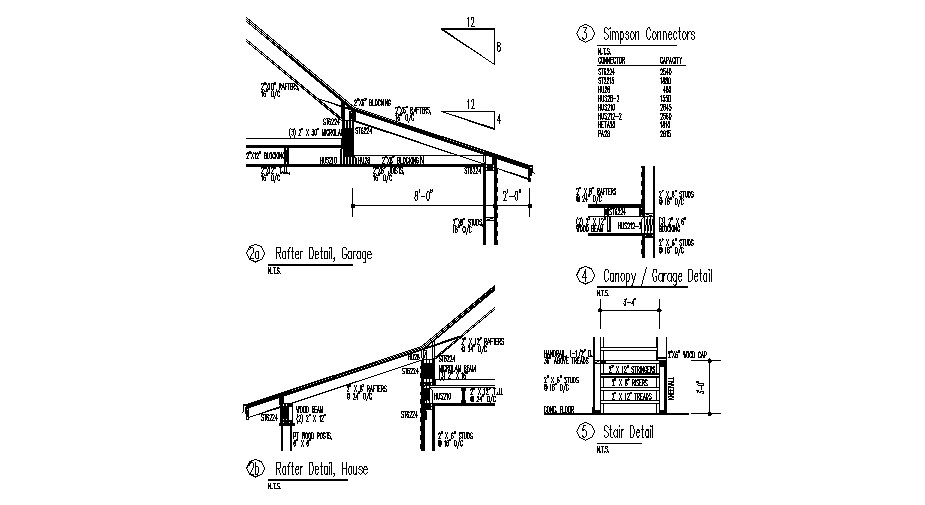 Roof Truss Section And Construction Details For Garage Autocad