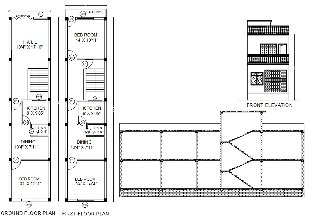 Row House Plans In 1000 Sq Ft Autocad File Cadbull
