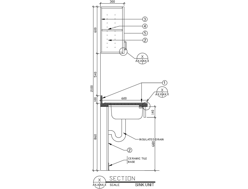 Section Of Wash Basin With Cabinet Autocad Drawing Free File