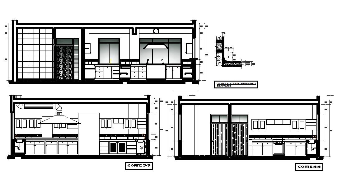 Section and elevation drawing of kitchen. - Cadbull