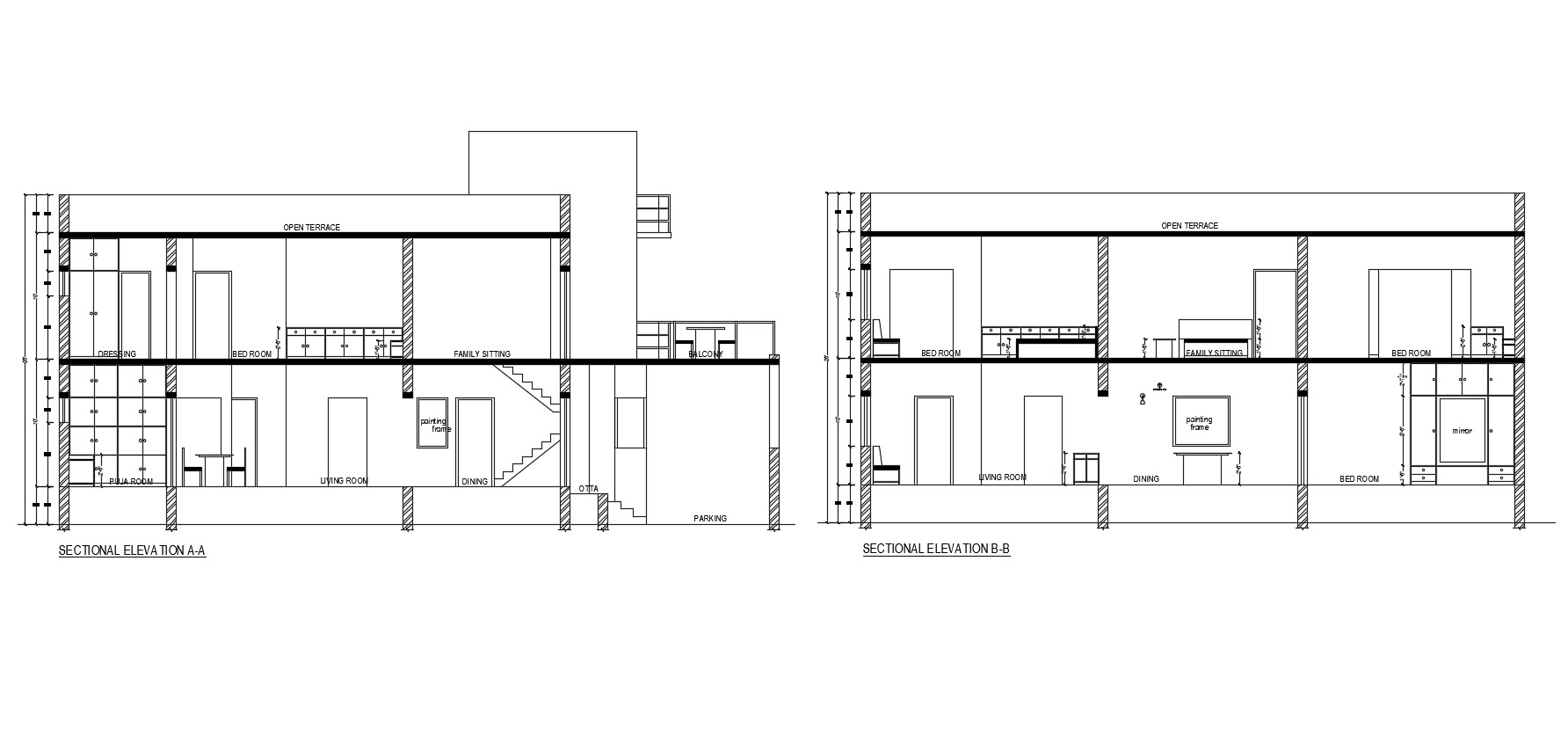 Sectional elevation of 2 storey house in AutoCAD Cadbull