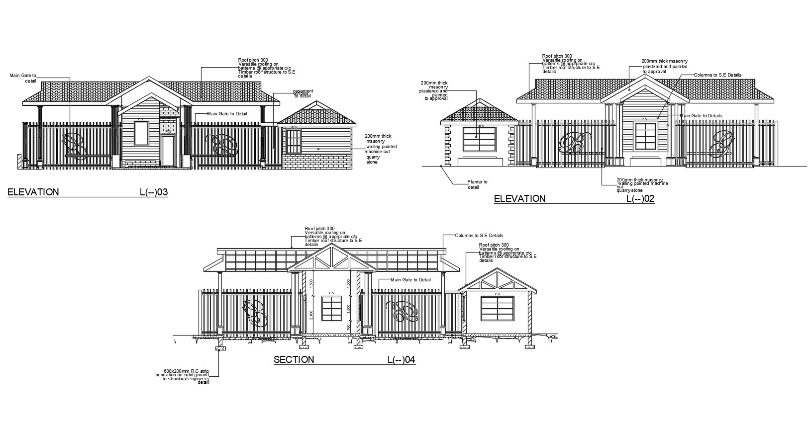 Sectional elevation of residential bunglow in dwg file 