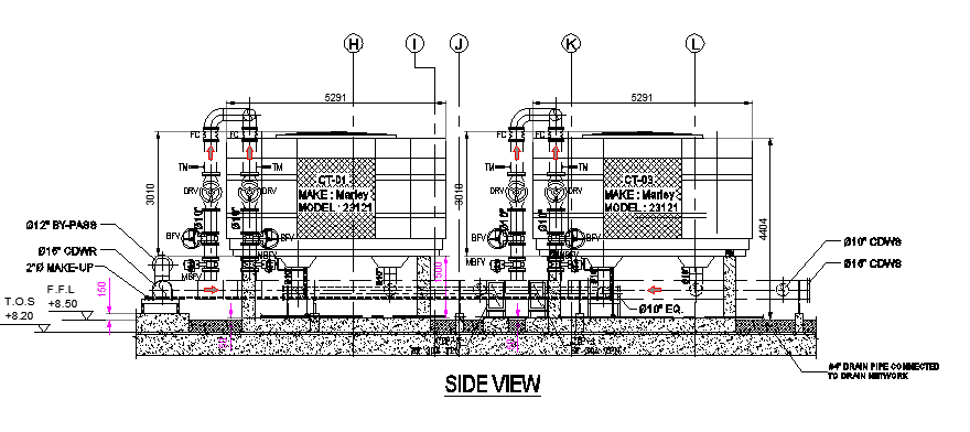 Side view of cooling tower section details - Cadbull