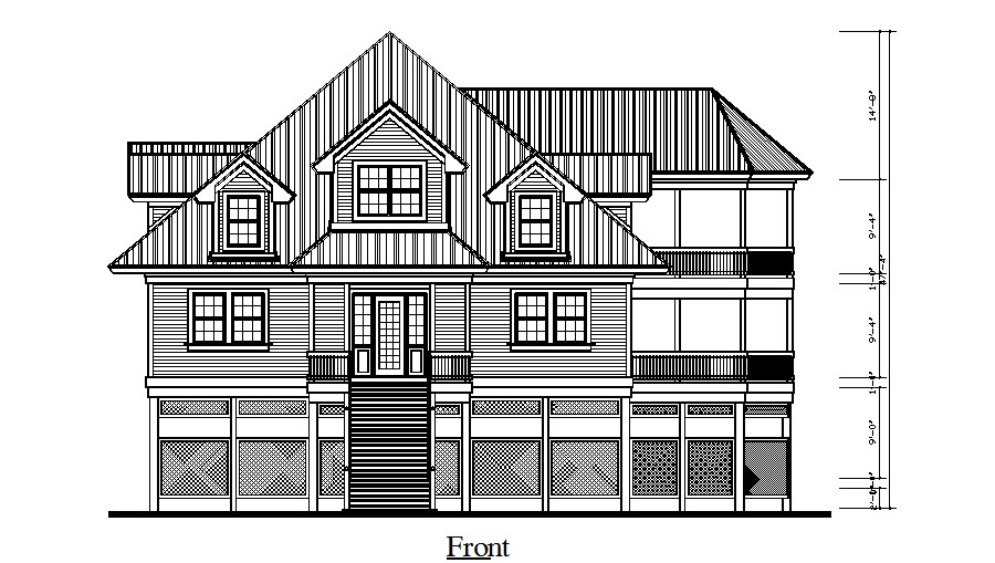 Simple three story house main elevation drawing dwg file