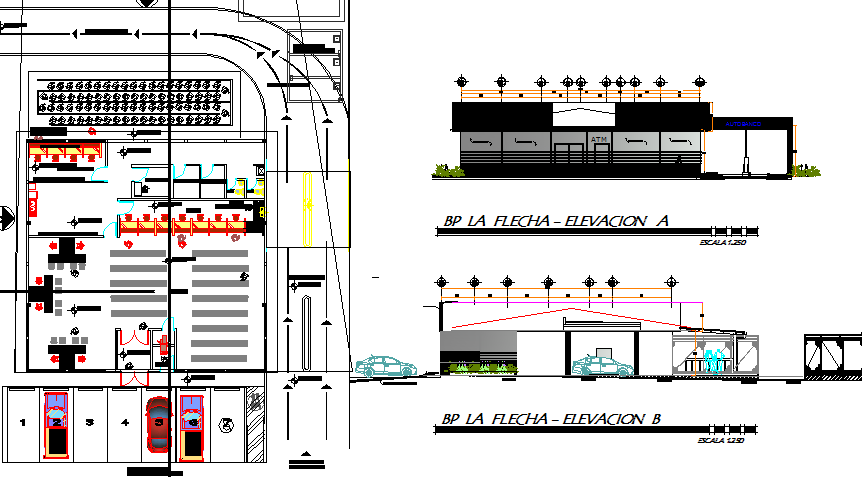 Single story bank branch elevation, section and floor plan dwg file ...