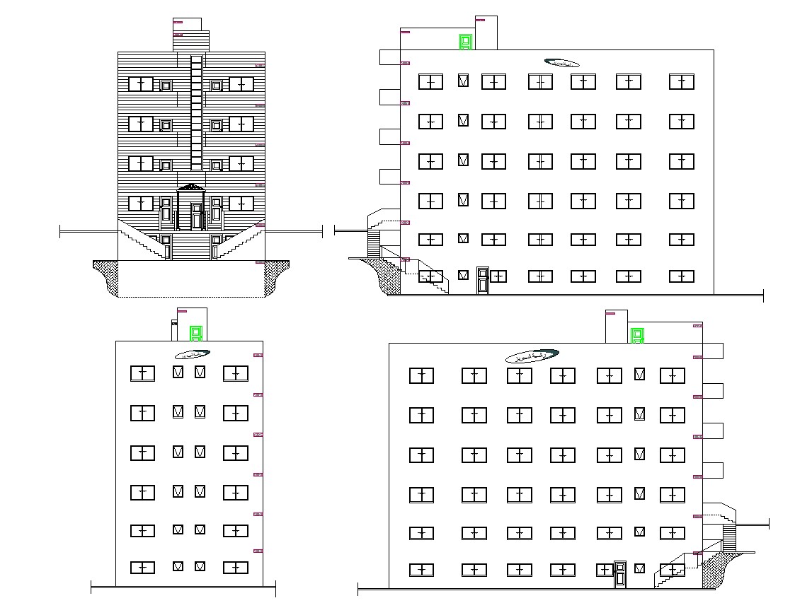 Six Story Apartment Building Simple Elevations Architectural - Cadbull