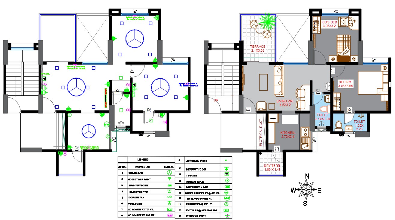 South Facing 2 BHK House Plan And Electrical Layout With