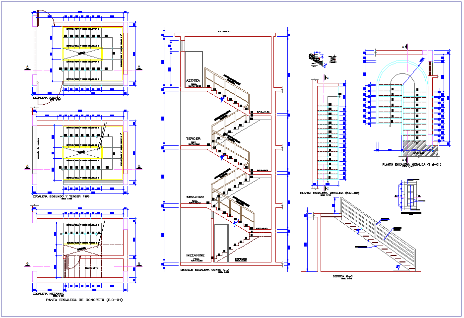 Stair detail view with elevation with construction view dwg file - Cadbull