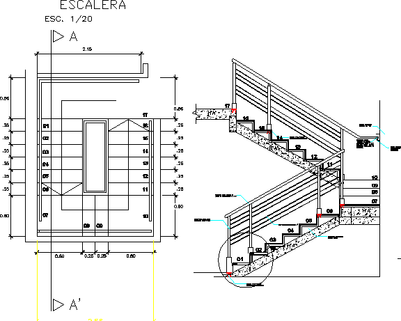 Staircase construction details with wall details dwg file - Cadbull